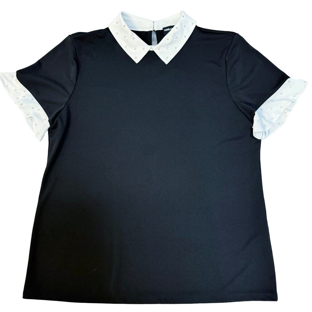 Karl Lagerfeld Paris Black blouse with white Pearl Embellished Collar Womens M